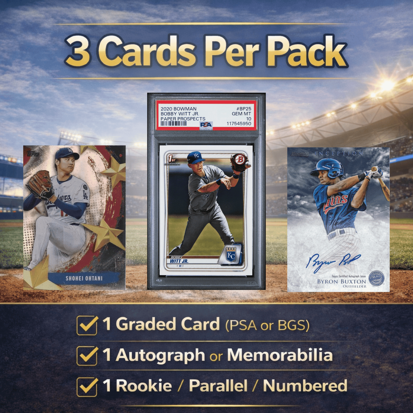 Baseball Graded Card Mystery Pack (3 Cards) – 1 Graded PSA/BGS, 1 Auto or Memorabilia, 1 Rookie/Parallel